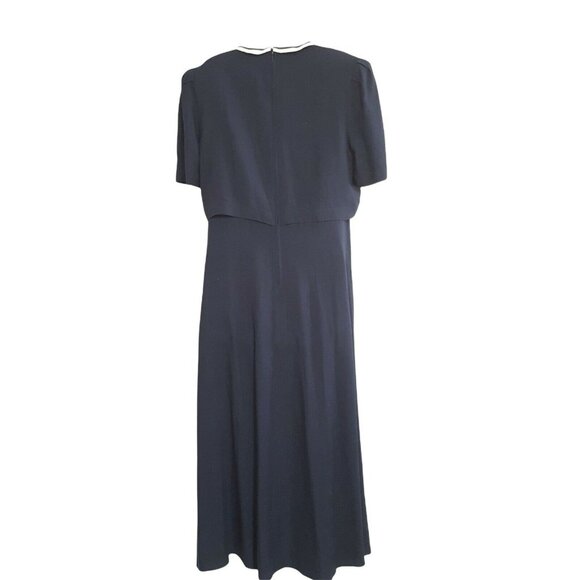 Vintage Womens Dress L Navy Blue White Piping Long Pearl Buttons Cottage core - Picture 5 of 9